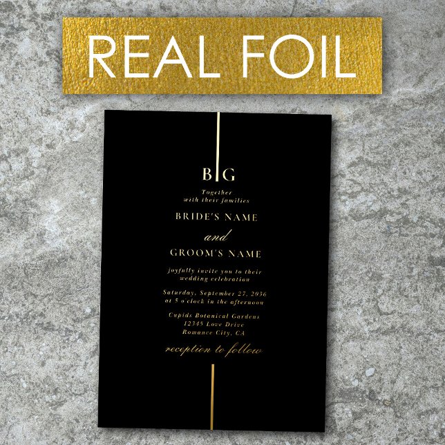 Real Gold Foil Minimalist Monogram Black Wedding (Real Gold Foil Minimalist Monogram Black Wedding Foil Invitation)