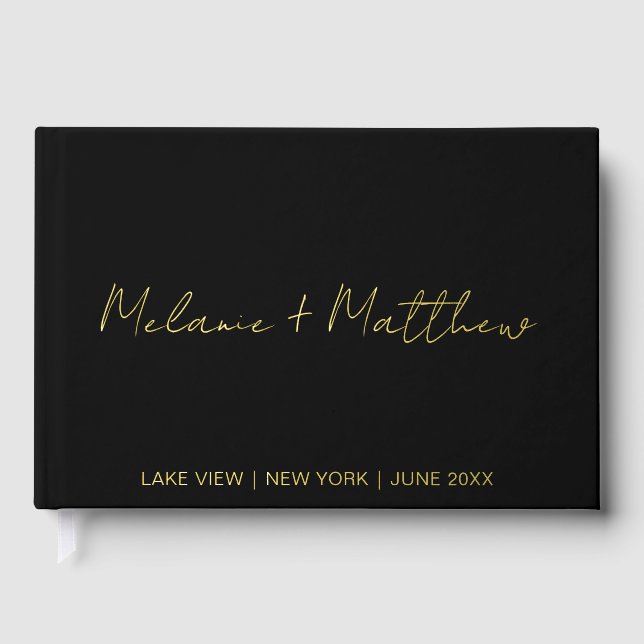 Real Gold Foil Modern Handwriting Script Guestbook (Front)
