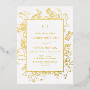 Real Gold Foil Monogram Floral Line Art Wedding