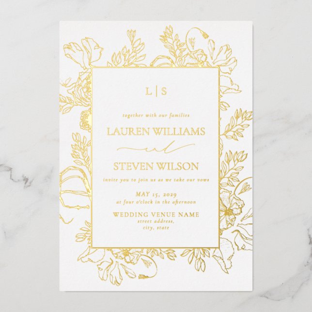 Real Gold Foil Monogram Floral Line Art Wedding (Front)