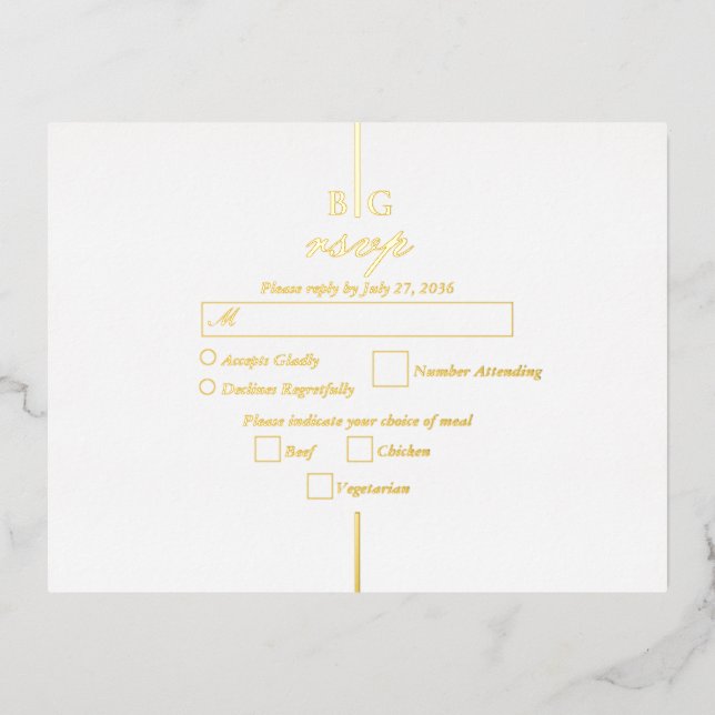 Real Gold Foil Monogram Wedding RSVP Invitation Postcard (Front)