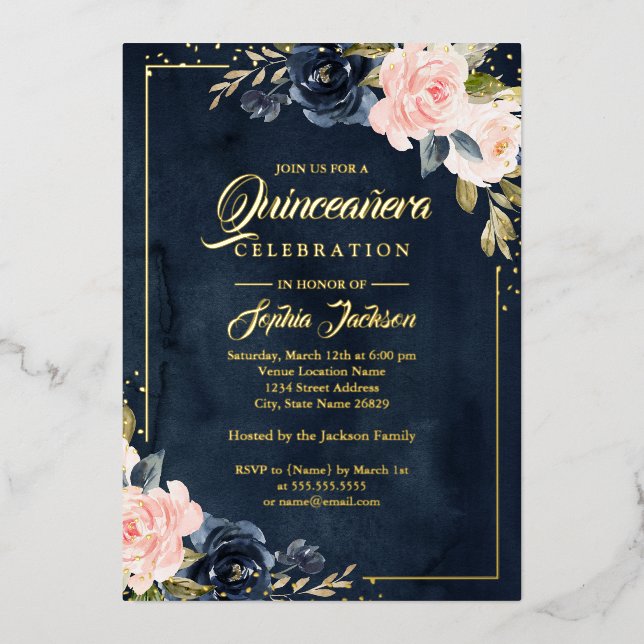 REAL GOLD FOIL Navy Blush Floral Quinceanera (Front)