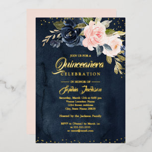 REAL GOLD FOIL Navy Blush Pink Floral Quinceanera