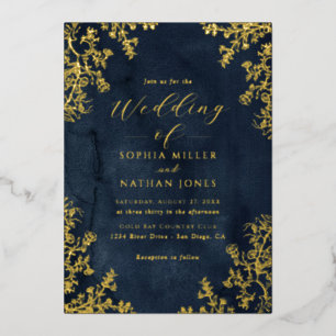 Real Gold Foil Navy Floral Lace Script Wedding