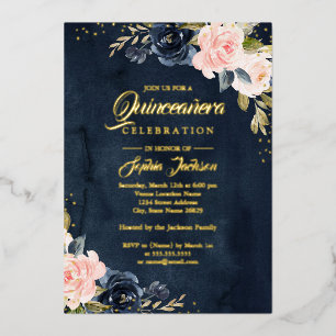 REAL GOLD FOIL Navy Pink Floral Quinceanera