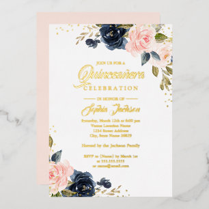 REAL GOLD FOIL Pink Navy Floral Quinceanera