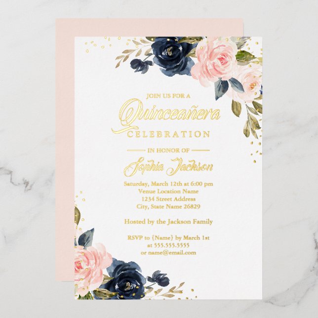 REAL GOLD FOIL Pink Navy Floral Quinceanera (Front/Back)