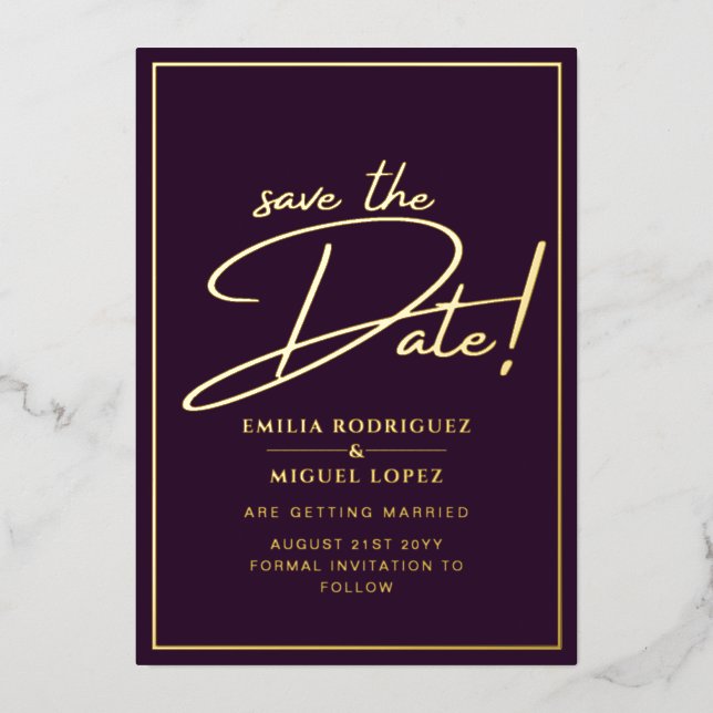 Real GOLD Foil Plum Purple Save the Date Wedding (Front)