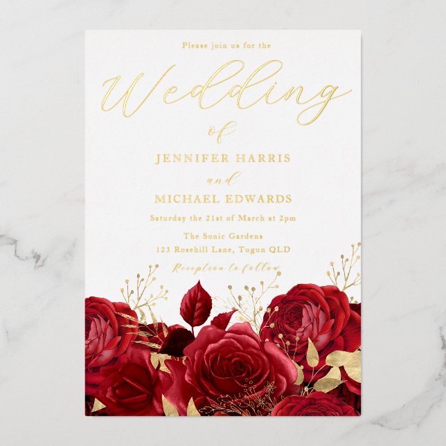 Real Gold Foil Red Roses Wedding Golden (Front)