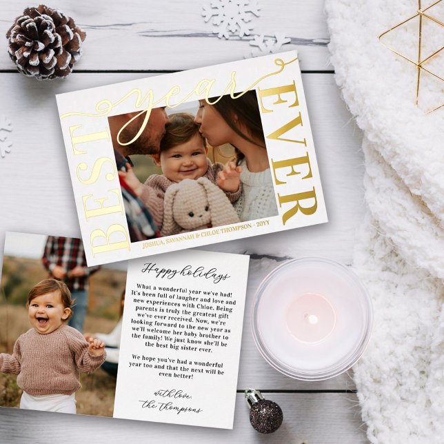 Real Gold Foil Typography Best Year Ever Photo Foil Holiday Card (Creator Uploaded)