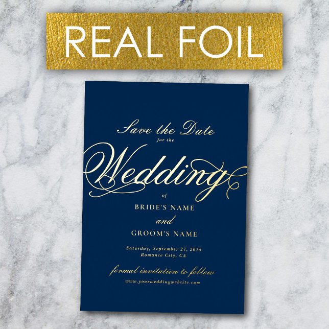 Real Gold Foil Wedding Navy Blue Save the Date (Real Gold Foil Wedding Navy Blue Save the Date Foil Invitation)