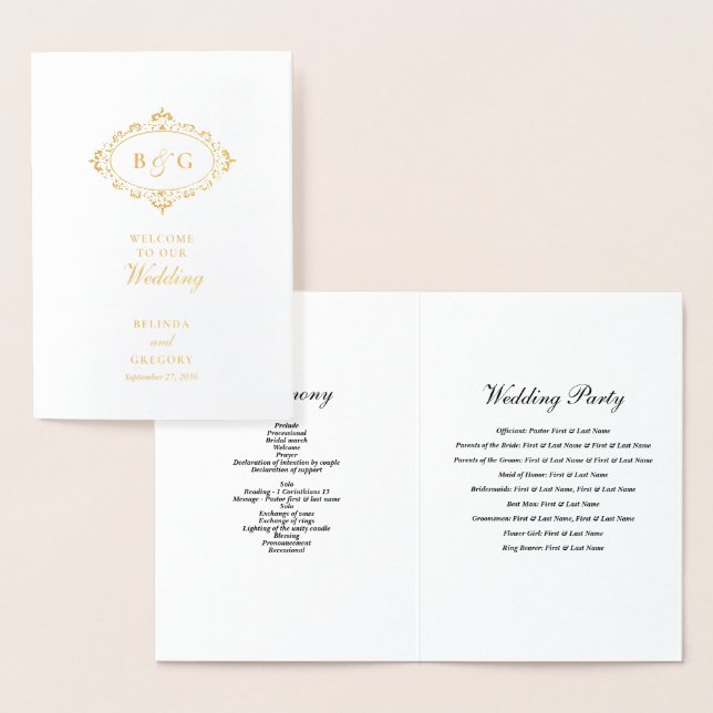 Real Gold Foil Wedding Order of Service Program (Display)
