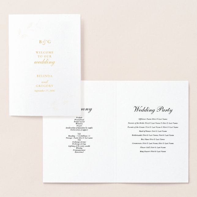 Real Gold Foil Wedding Order of Service Program (Display)