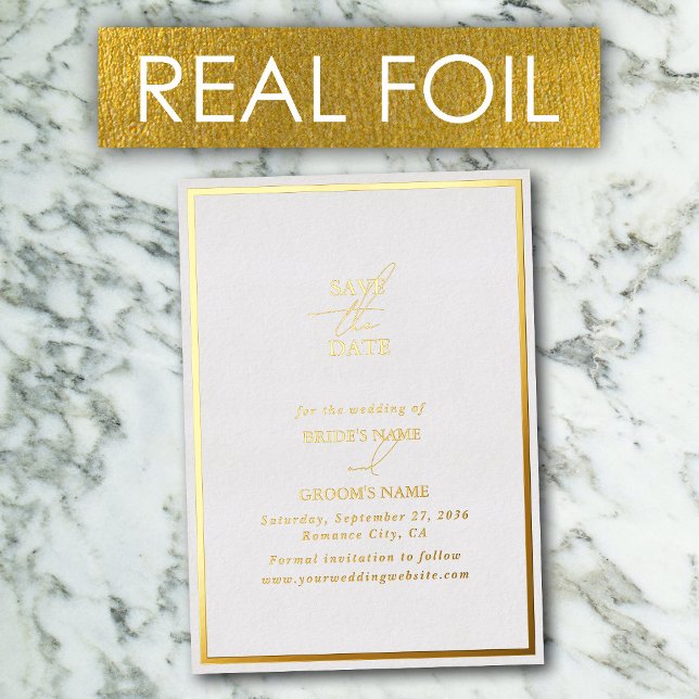 Real Gold Foil White & Gold Wedding Save the Date (Real Gold Foil White & Gold Wedding Save the Date Foil Invitation)