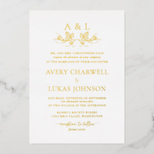 Real Gold Foil Wine Leafy Crest Wedding Monogram
