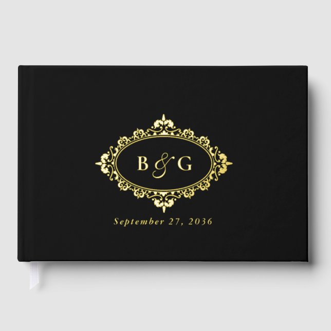 Real Gold Foil Wreath Elegant Black Gold Wedding Guest Book (Front)