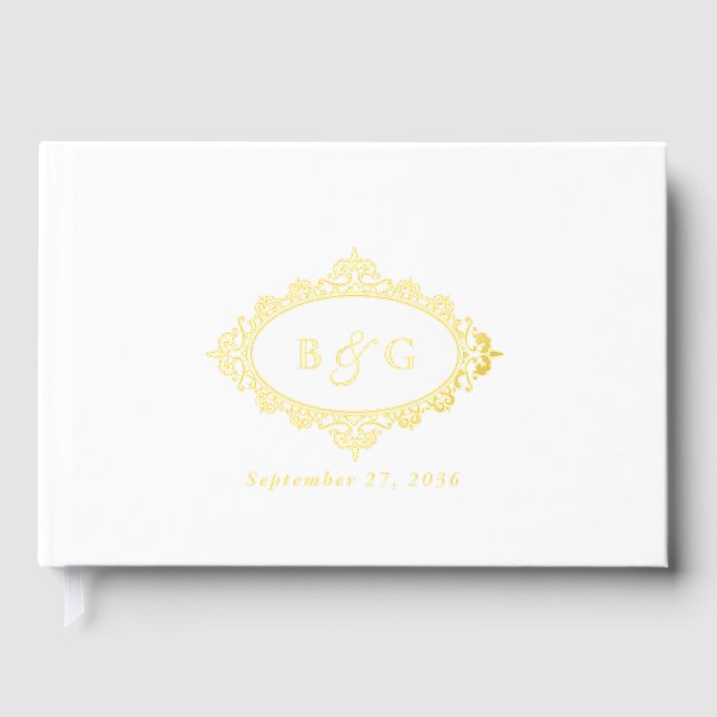 Real Gold Foil Wreath Elegant White Gold Wedding Guest Book (Front)