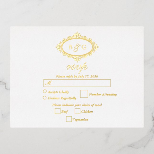 Real Gold Foil Wreath White Wedding RSVP Foil Invitation Postcard (Front)