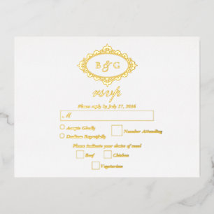 Real Gold Foil Wreath White Wedding RSVP Invitation Postcard