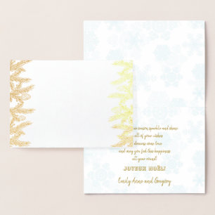 Real Gold JOYEUX NOËL typography Pine Snowflakes Foil Card