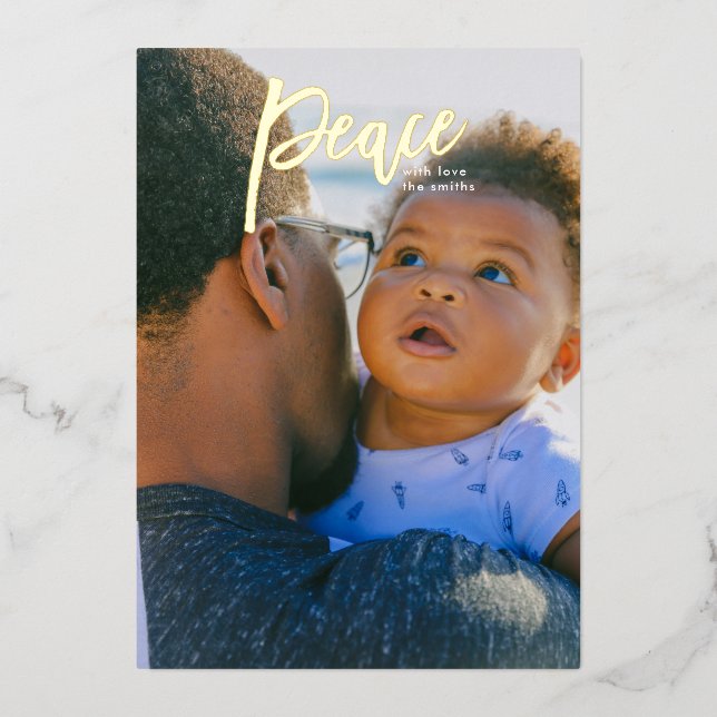 Real Gold Lettering Peace Christmas Photo Foil Holiday Card (Front)