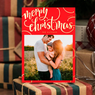 Real Gold Merry Christmas Letter Swirl Photo Foil Holiday Card