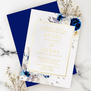 Real Gold Modern Blue White Flowers Wedding Foil 