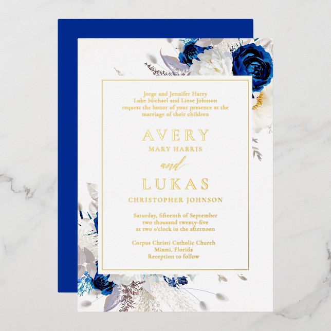 Real Gold Modern Royal Blue Flowers Wedding (Front/Back)