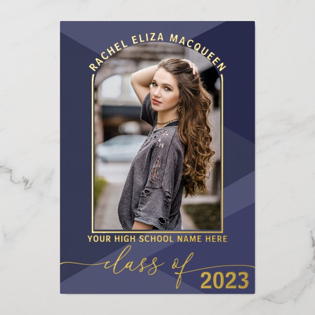 Real Gold Navy Blue Geometric Photo Graduation (Front)
