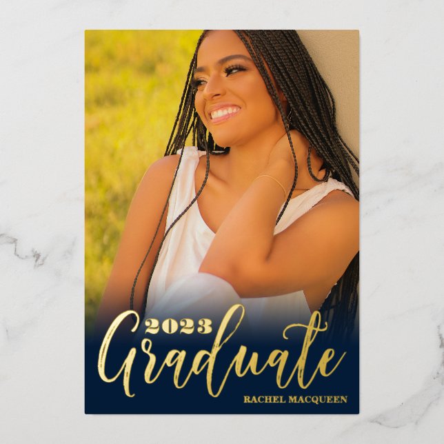 Real Gold Navy Blue Three Photo Graduation Party (Front)