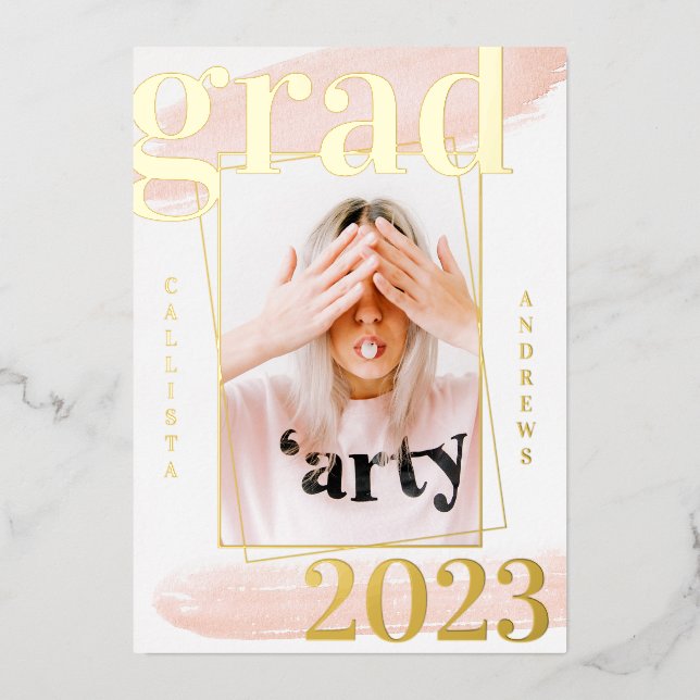 Real Gold Pink Watercolor Photo Graduation Foil In (Front)