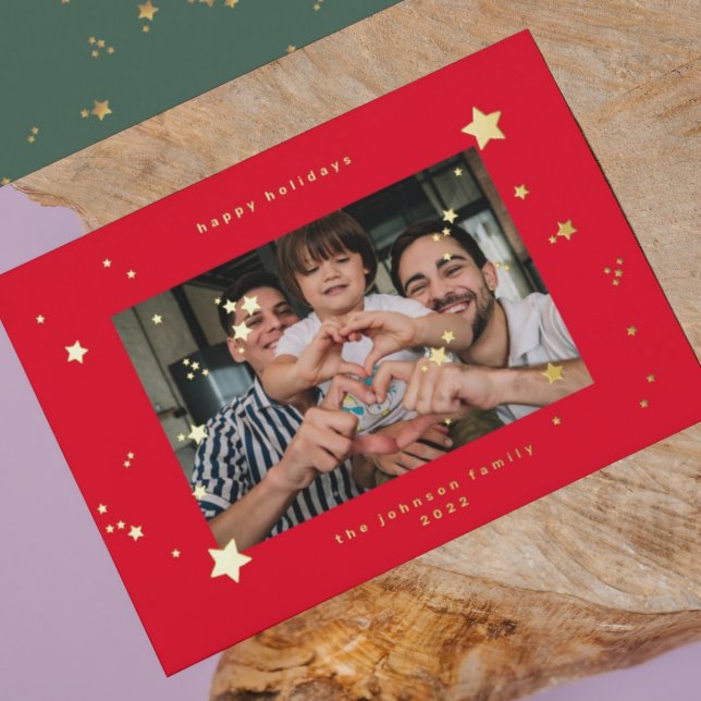 REAL Gold Stars Cherry Red Photo Happy Christmas Foil Holiday Card (Creator Uploaded)