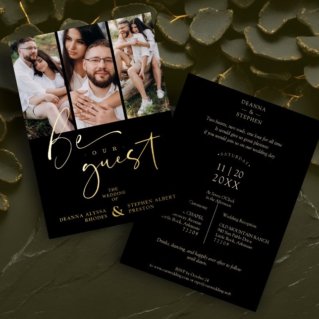 Real Golden Be our Guest Collage Wedding 3 Photos (Real Golden Be our Guest Collage Wedding 3 Photos Metallic Foil Invitation Card with Envelope.)