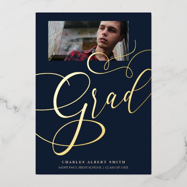 Real Golden & Navy Modern Typography Grad Photo (Front)
