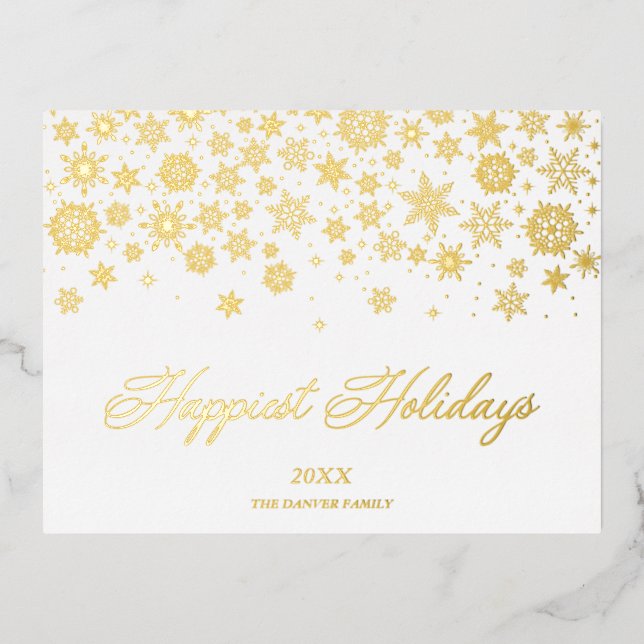 Real Golden Traditional Minimalist Snowflakes Foil Holiday Postcard (Front)