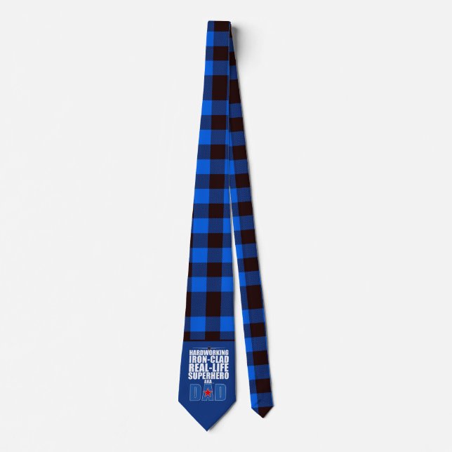 Real Life Superhero Dad on Blue Buffalo Plaid Tie (Front)