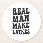 Real Man Make Latkes Funny Groovy Hanukkah  Round Paper Coaster<br><div class="desc">hanukkah, gift, birthday, latkes, dreidel, jewish, jew, groovy, menorah, holiday</div>