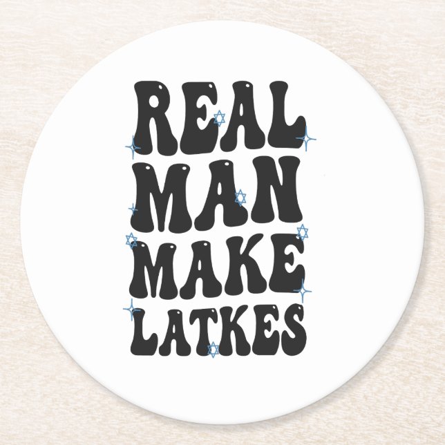 Real Man Make Latkes Funny Groovy Hanukkah  Round Paper Coaster (Front)