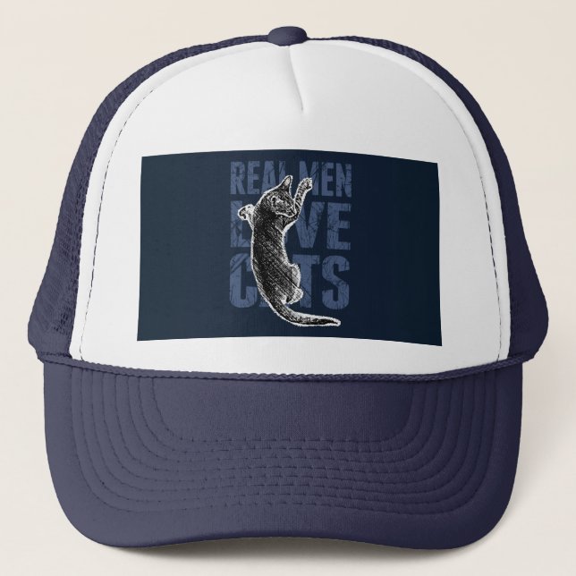 Real Men Love Cats on blue steel Trucker Hat (Front)