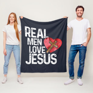 Real Men Love Jesus Heart Cross Fleece Blanket