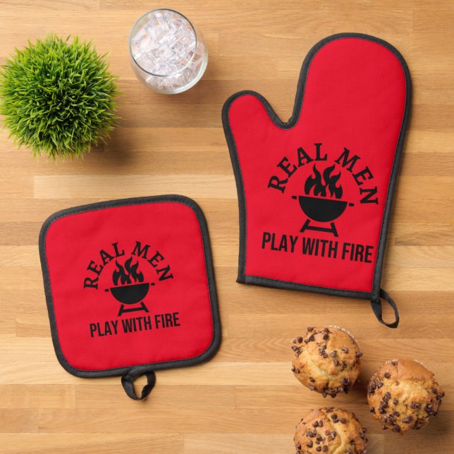 Real Men Play With Fire Red and Black Oven Mitt & Pot Holder Set (Top Down)