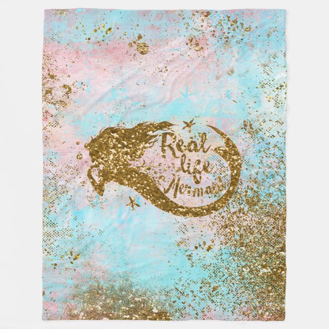 Real Mermaid Life- Glitter Gold Mermaid Fleece Blanket (Front)