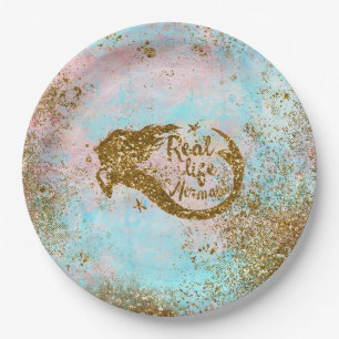 Real Mermaid Life- Glitter Gold Mermaid Paper Plate