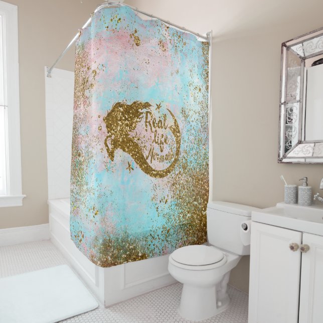 Real Mermaid Life- Glitter Gold Mermaid Shower Curtain (In Situ)