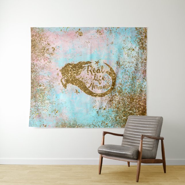 Real Mermaid Life- Glitter Gold Mermaid Tapestry (In Situ (Horizontal))