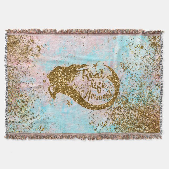 Real Mermaid Life- Glitter Gold Mermaid Throw Blanket (Front)