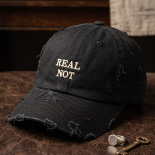 REAL NOT Minimalist Distressed Typography Black Embroidered Hat
