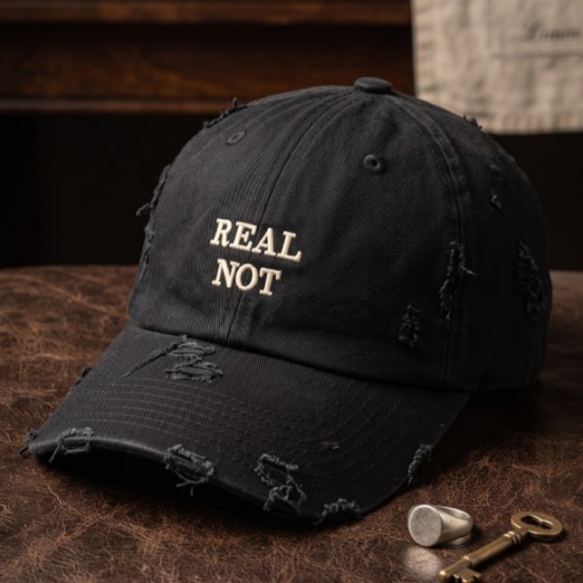 REAL NOT Minimalist Distressed Typography Black Embroidered Hat (Creator Uploaded)