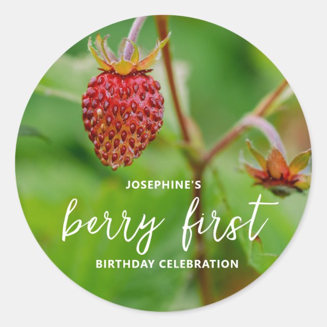 Real Red Strawberry Photo Berry First Birthday Classic Round Sticker (Front)
