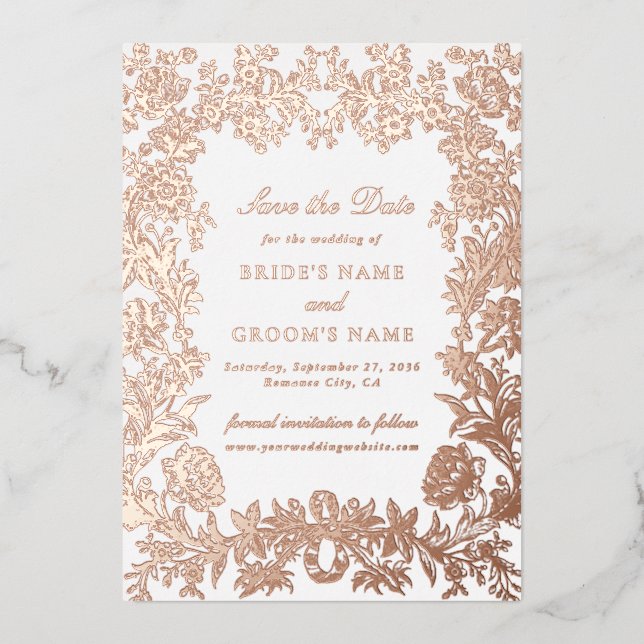 Real Rose Gold Floral Wedding Save the Date Card (Front)